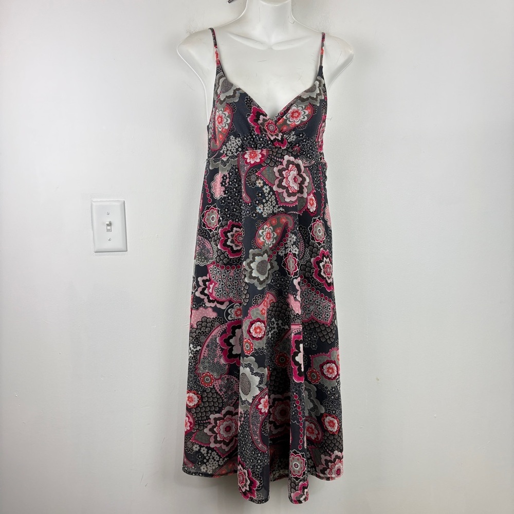 Y2K Paisley Babydoll Stretchy Midi Dress Pink Black Fairy Romantic Slip Dress - Picture 2 of 7